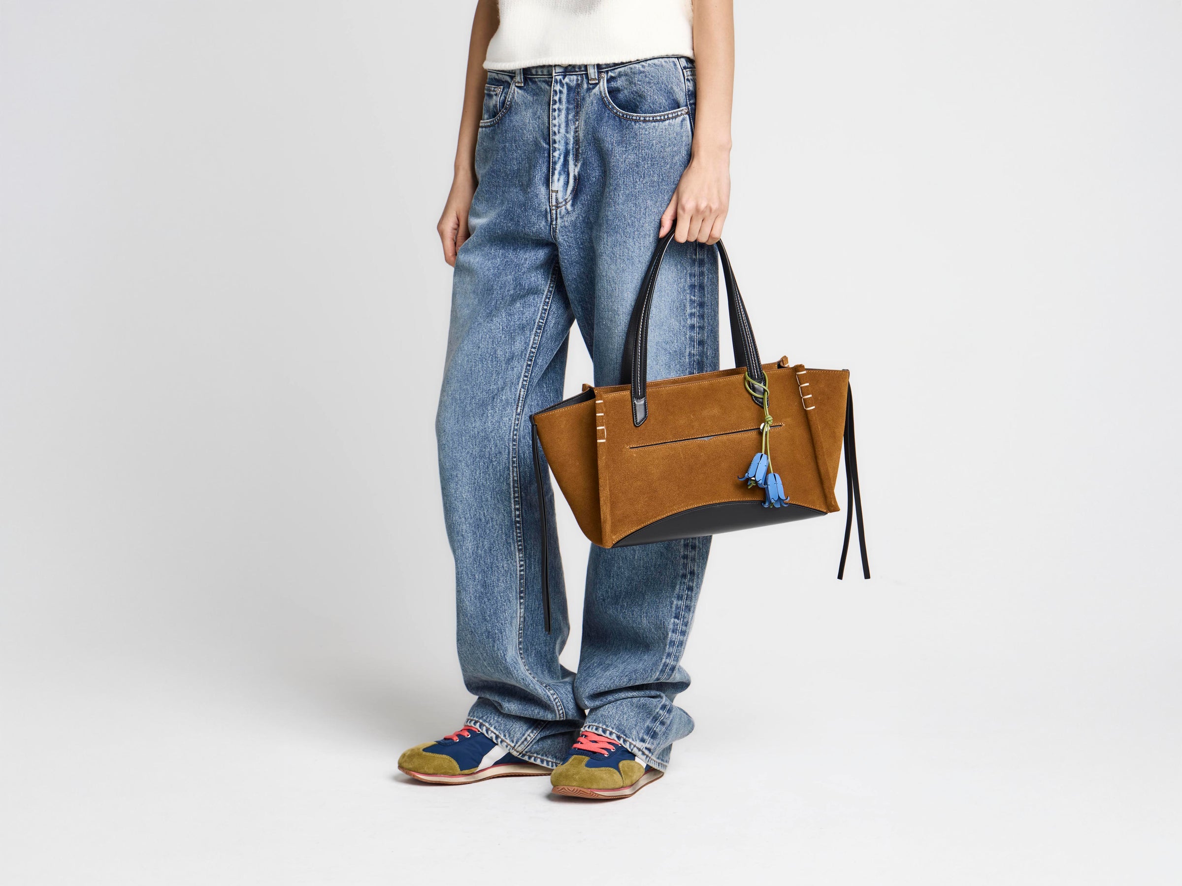 ELONGATED LOAFER CABAS BAG IN CARAMEL SUEDE & BLACK LEATHER