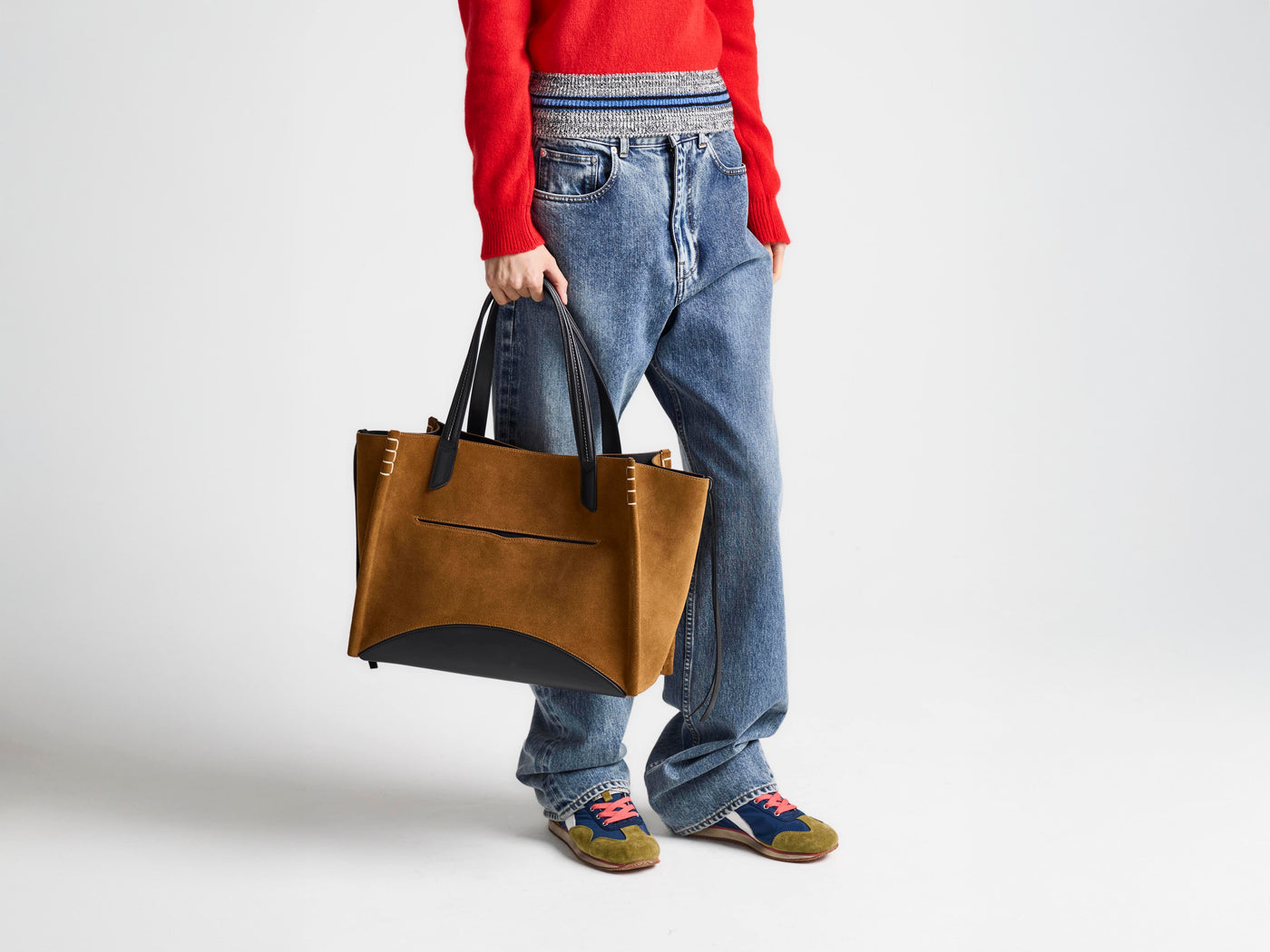 LOAFER CABAS BAG IN CARAMEL SUEDE & BLACK LEATHER