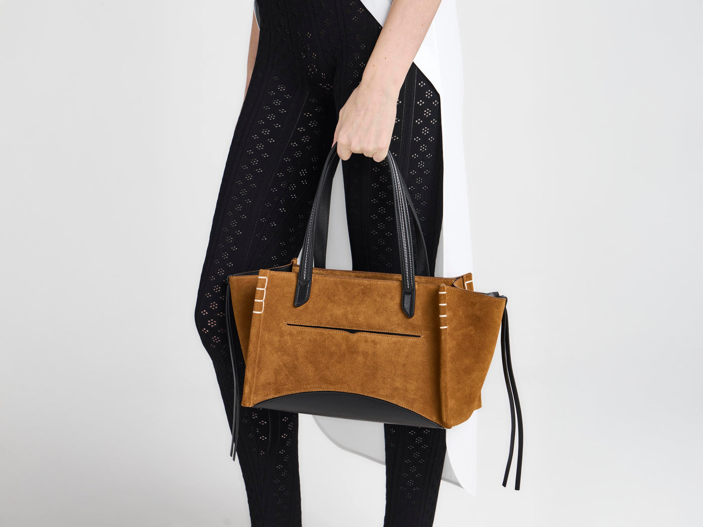 ELONGATED LOAFER CABAS BAG IN CARAMEL SUEDE & BLACK LEATHER