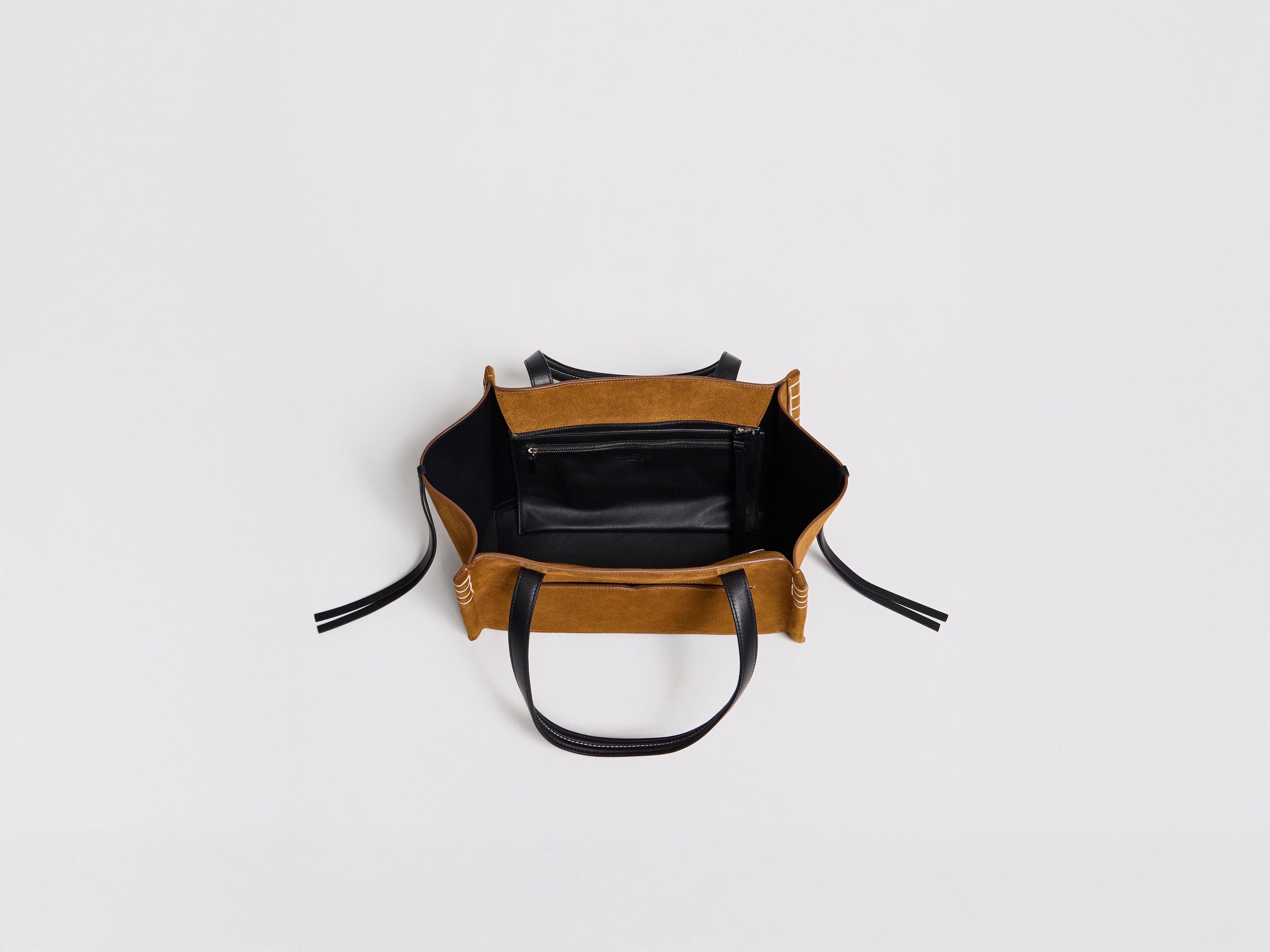 ELONGATED LOAFER CABAS BAG IN CARAMEL SUEDE & BLACK LEATHER