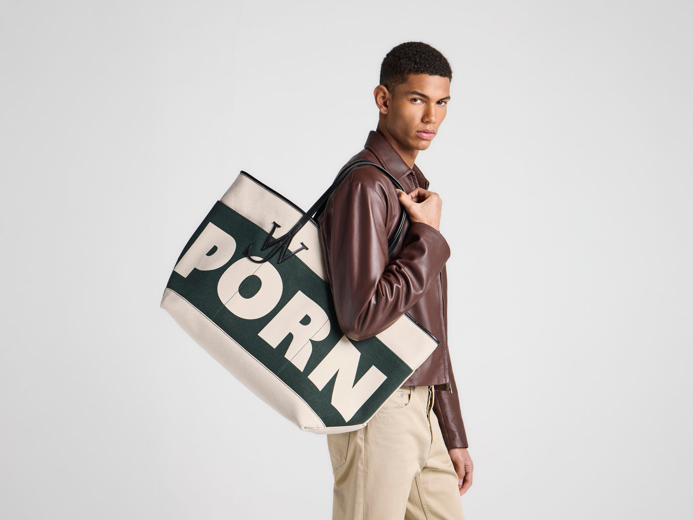 XL 'PORN' ANCHOR CANVAS & LEATHER TOTE IN GREEN & NATURAL