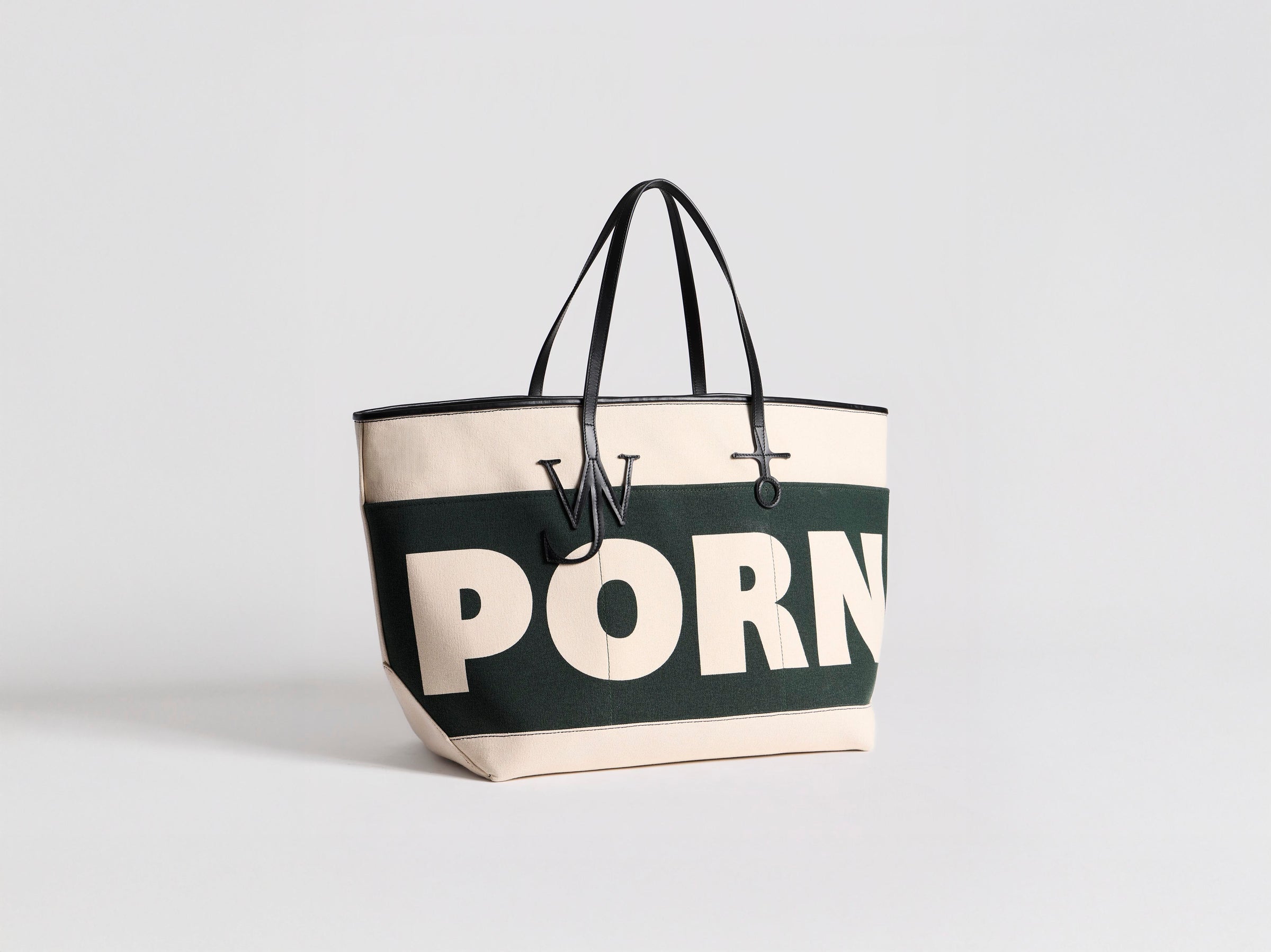 XL 'PORN' ANCHOR CANVAS & LEATHER TOTE IN GREEN & NATURAL