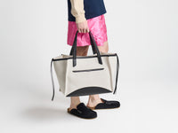 LOAFER CABAS BAG IN NATURAL CANVAS & BLACK LEATHER