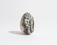 19TH CENTURY TRANSFER DECORATED POTTERY DARNING EGG IN BLACK WITH DOG MOTIF [1830]