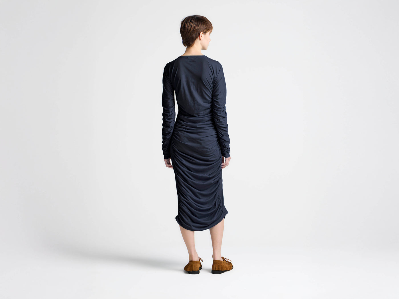 WOMENS RUCHED JERSEY DRESS IN NAVY