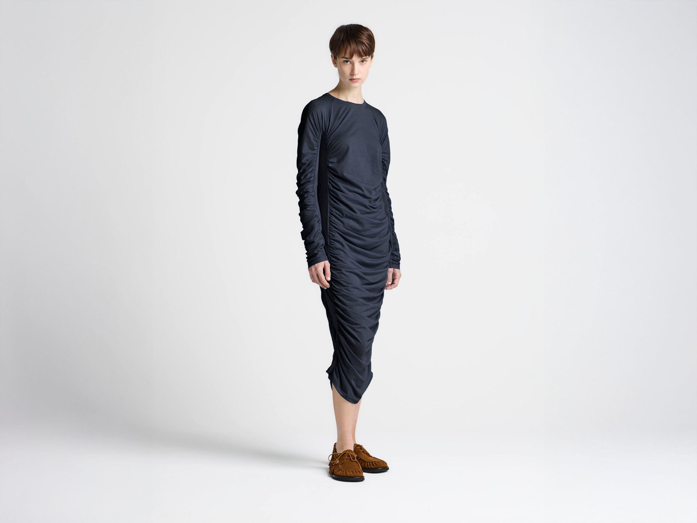 WOMENS RUCHED JERSEY DRESS IN NAVY