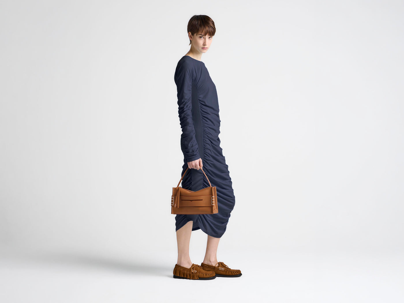 WOMENS RUCHED JERSEY DRESS IN NAVY