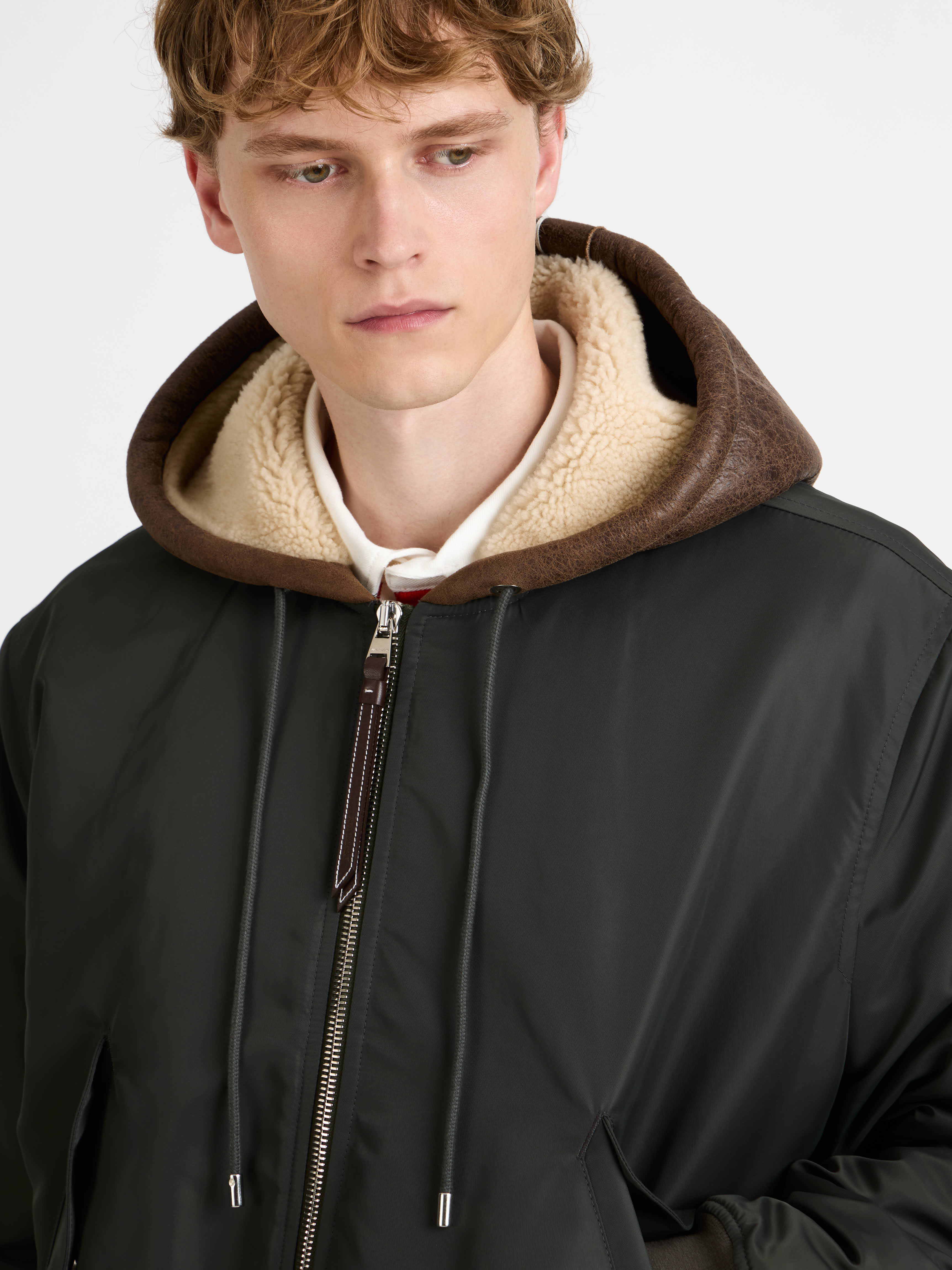 MENS HOODED BOMBER JACKET IN DARK KHAKI in DARK KHAKI