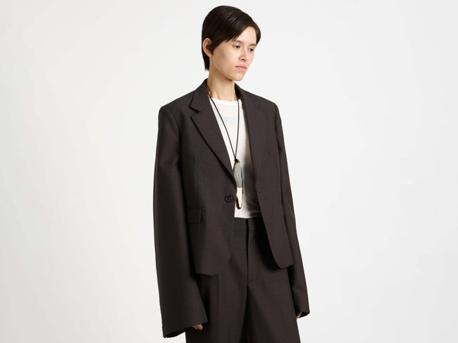 TAILORED BELL SLEEVE JACKET IN CHOCOLATE BROWN