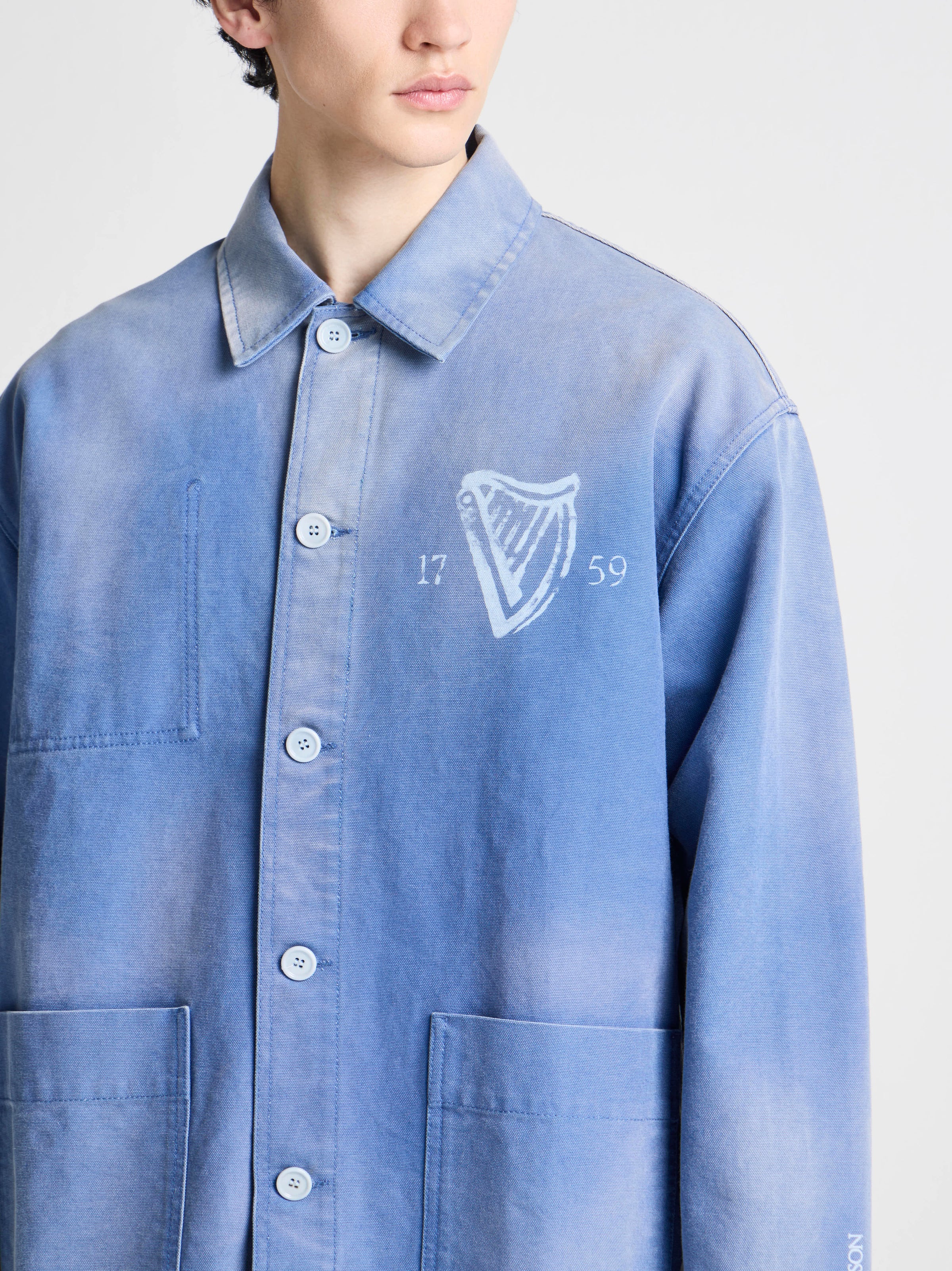Unisex JW ANDERSON X GUINNESS WORKWEAR CHORE JACKET IN MID-BLUE WASHED DENIM