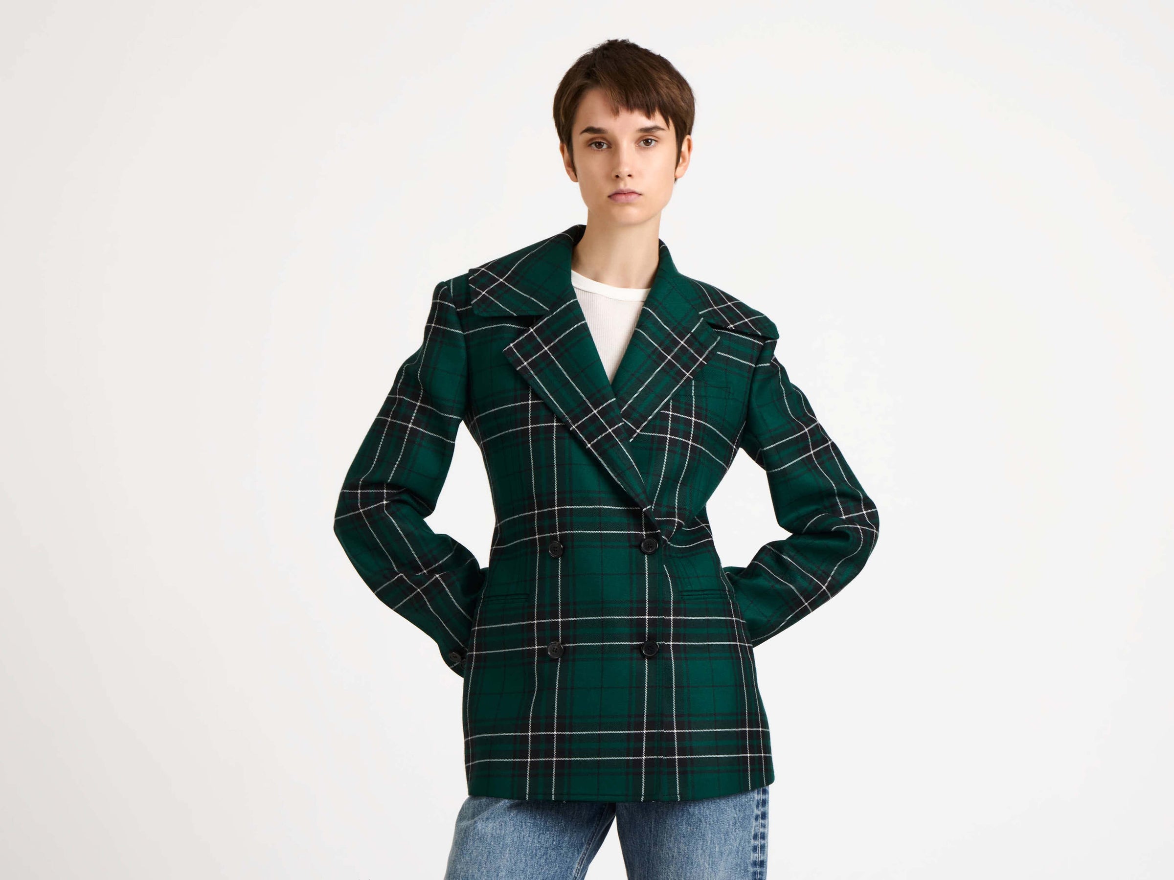 cinched waist tailored jacket forest green Model Front 1