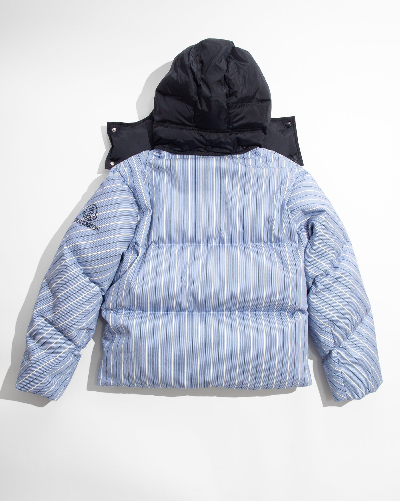 WOMENS JW ANDERSON X MONCLER STRIPED PUFFER JACKET IN BLUE & WHITE