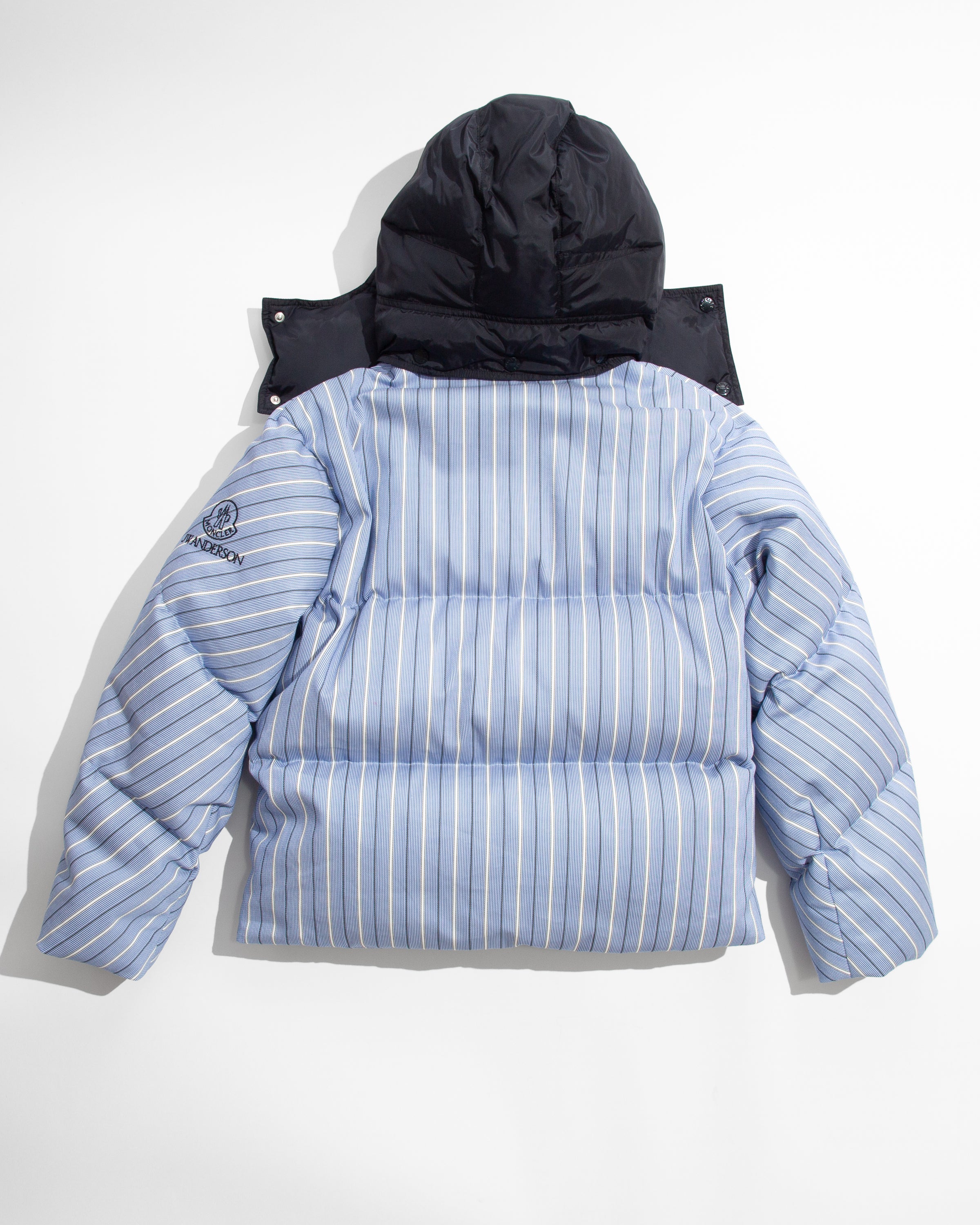 WOMENS JW ANDERSON X MONCLER STRIPED PUFFER JACKET IN BLUE & WHITE