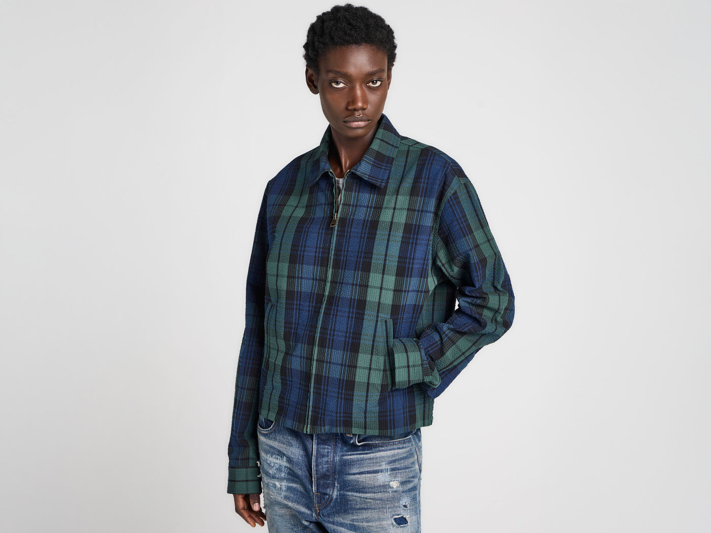 WOMENS FRONT ZIP BLOUSON IN NAVY & GREEN