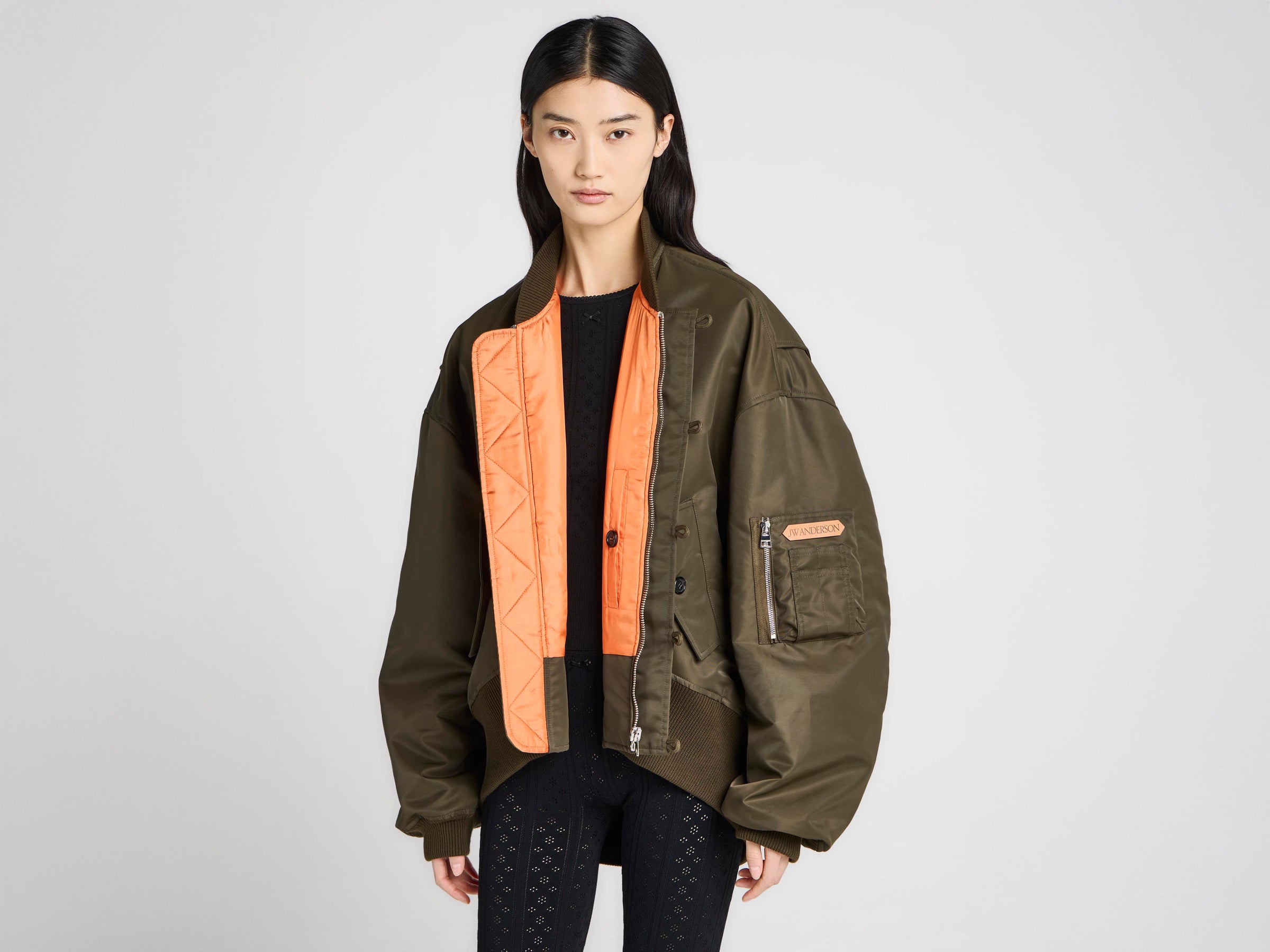 WOMENS OVERSIZED TIPPED HEM BOMBER JACKET IN MILITARY GREEN