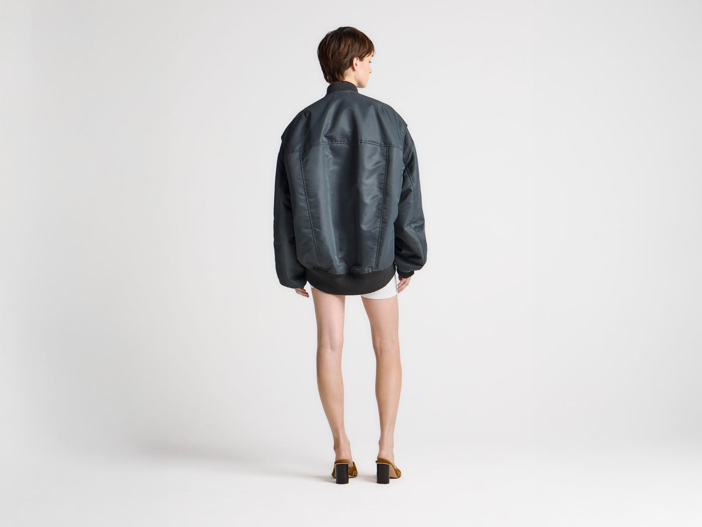 WOMENS OVERSIZED TIPPED HEM BOMBER JACKET IN DARK GREY