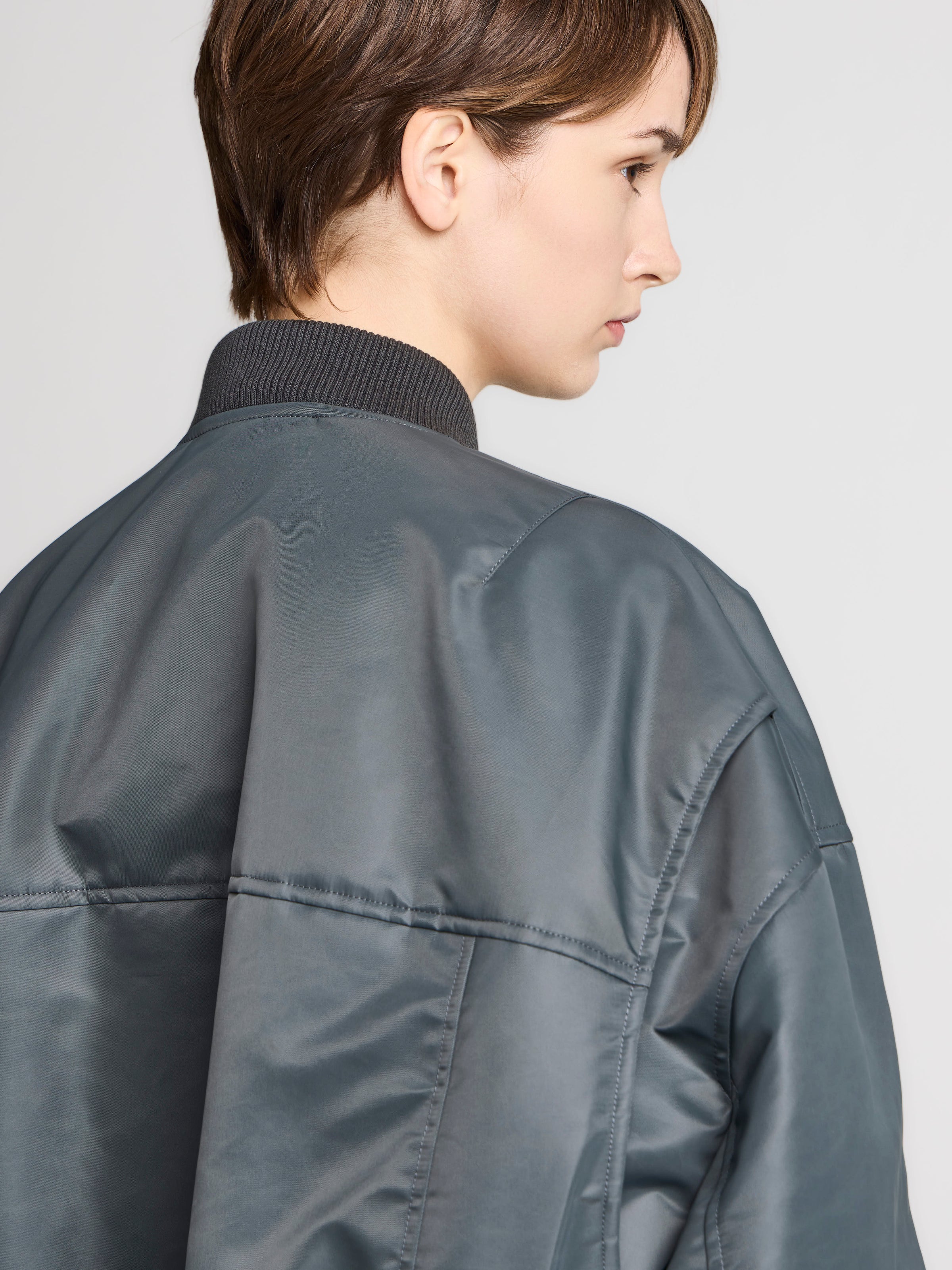 WOMENS OVERSIZED TIPPED HEM BOMBER JACKET IN DARK GREY