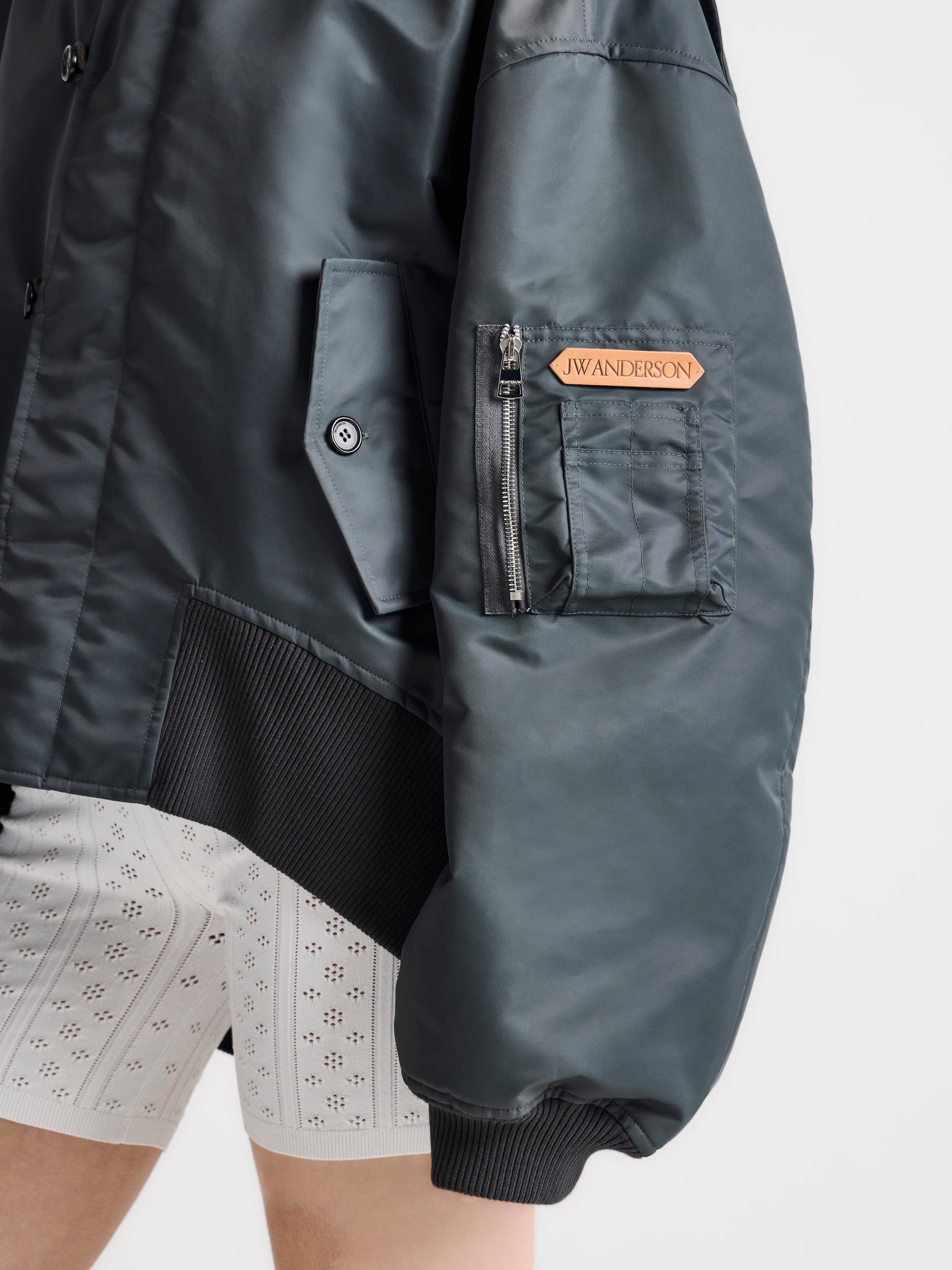 WOMENS OVERSIZED TIPPED HEM BOMBER JACKET IN DARK GREY