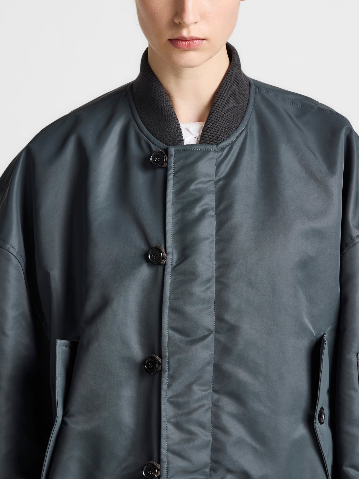 WOMENS OVERSIZED TIPPED HEM BOMBER JACKET IN DARK GREY