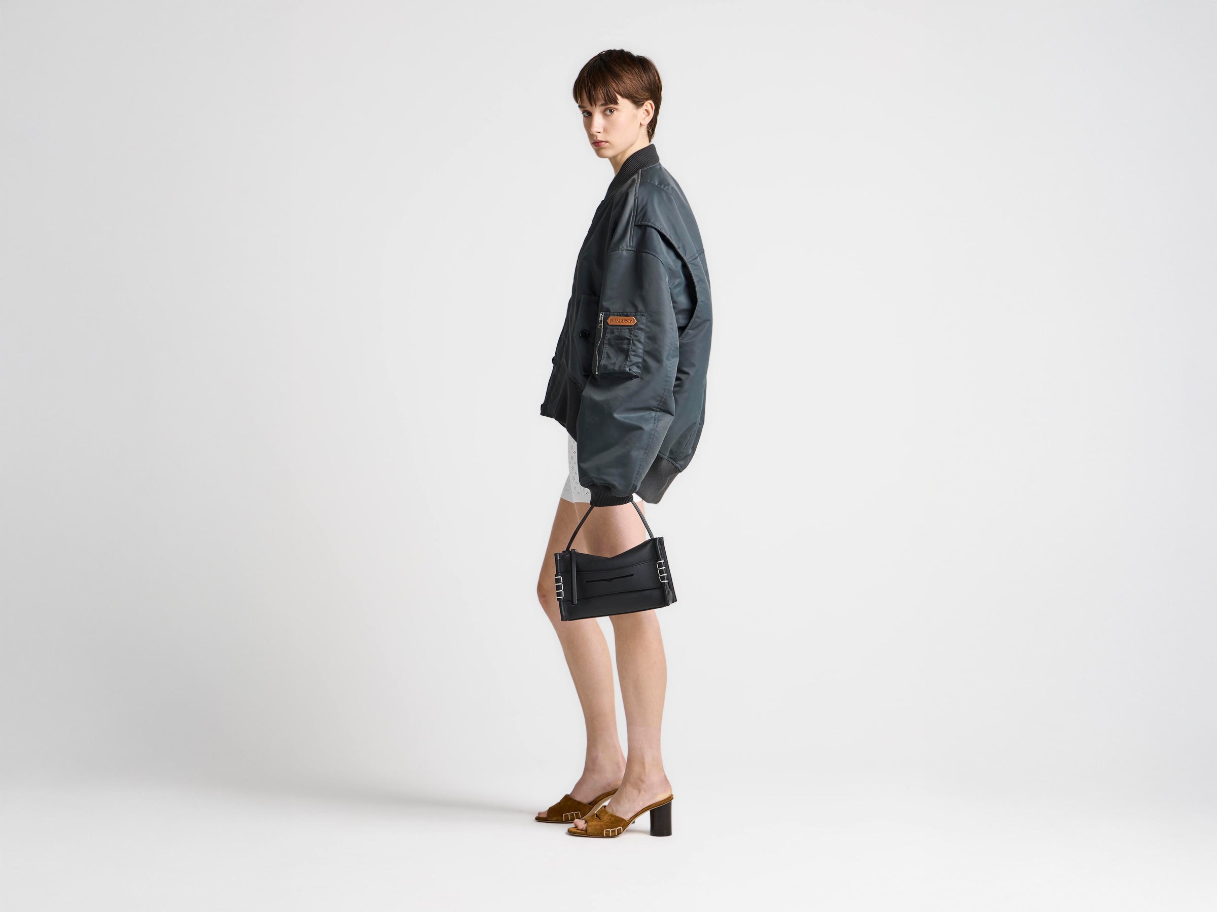WOMENS OVERSIZED TIPPED HEM BOMBER JACKET IN DARK GREY