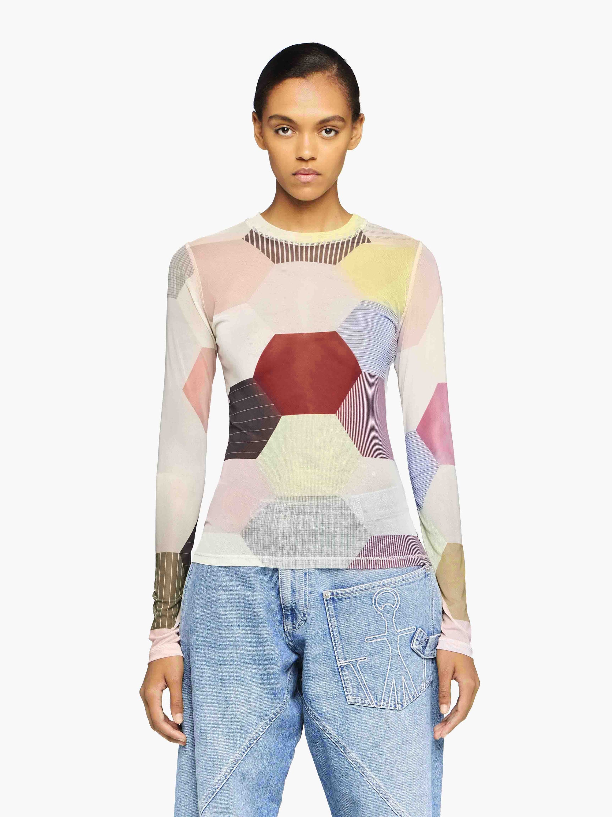 'PATCHWORK' PRINT - SHEER LONG SLEEVE TOP