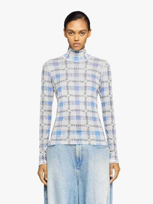 "LOGO GRID CHECK" PRINT - SHEER LONG SLEEVE TOP