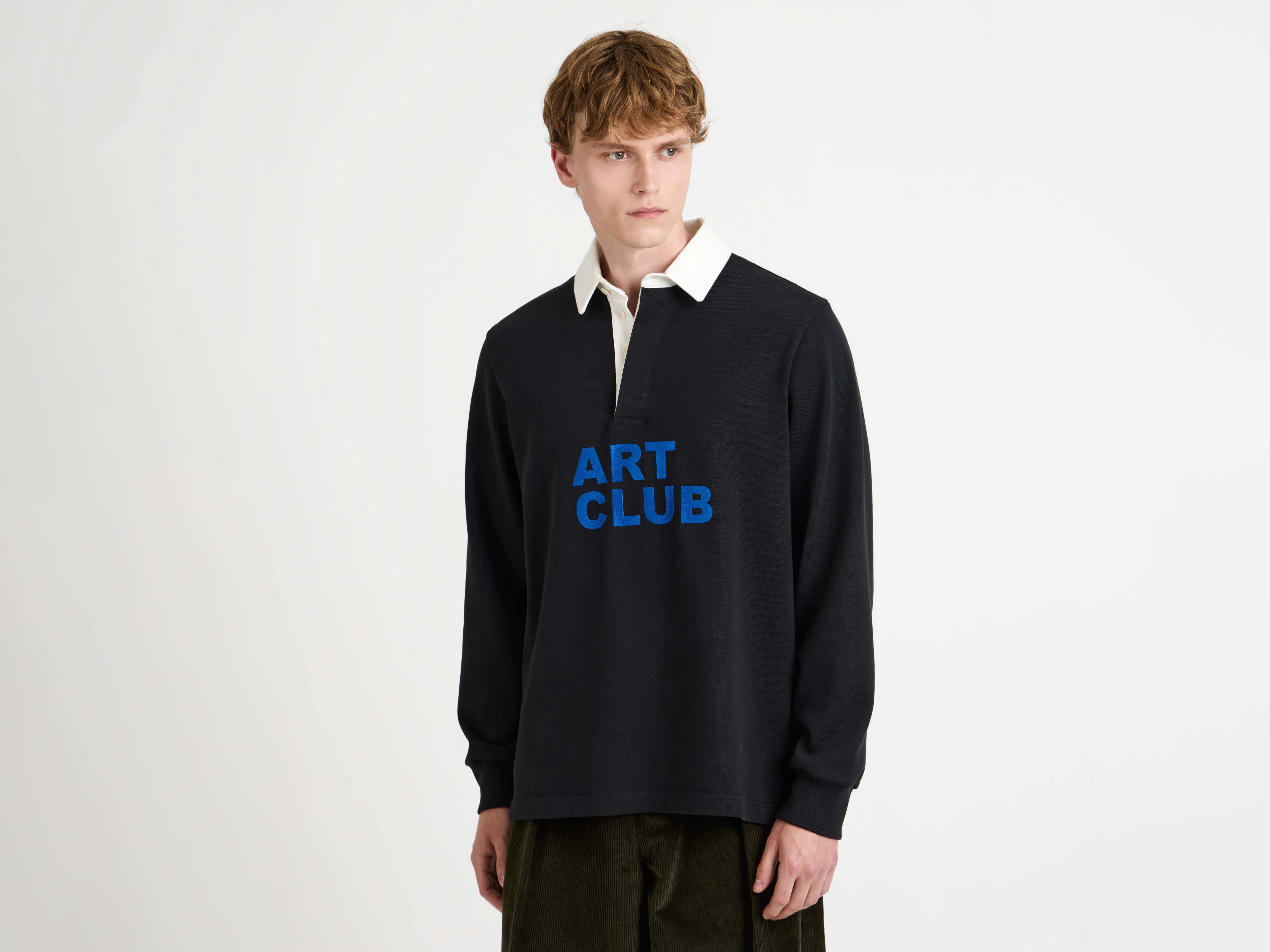 MENS 'ART CLUB' RUGBY POLO TOP IN WASHED BLACK in WASHED BLACK