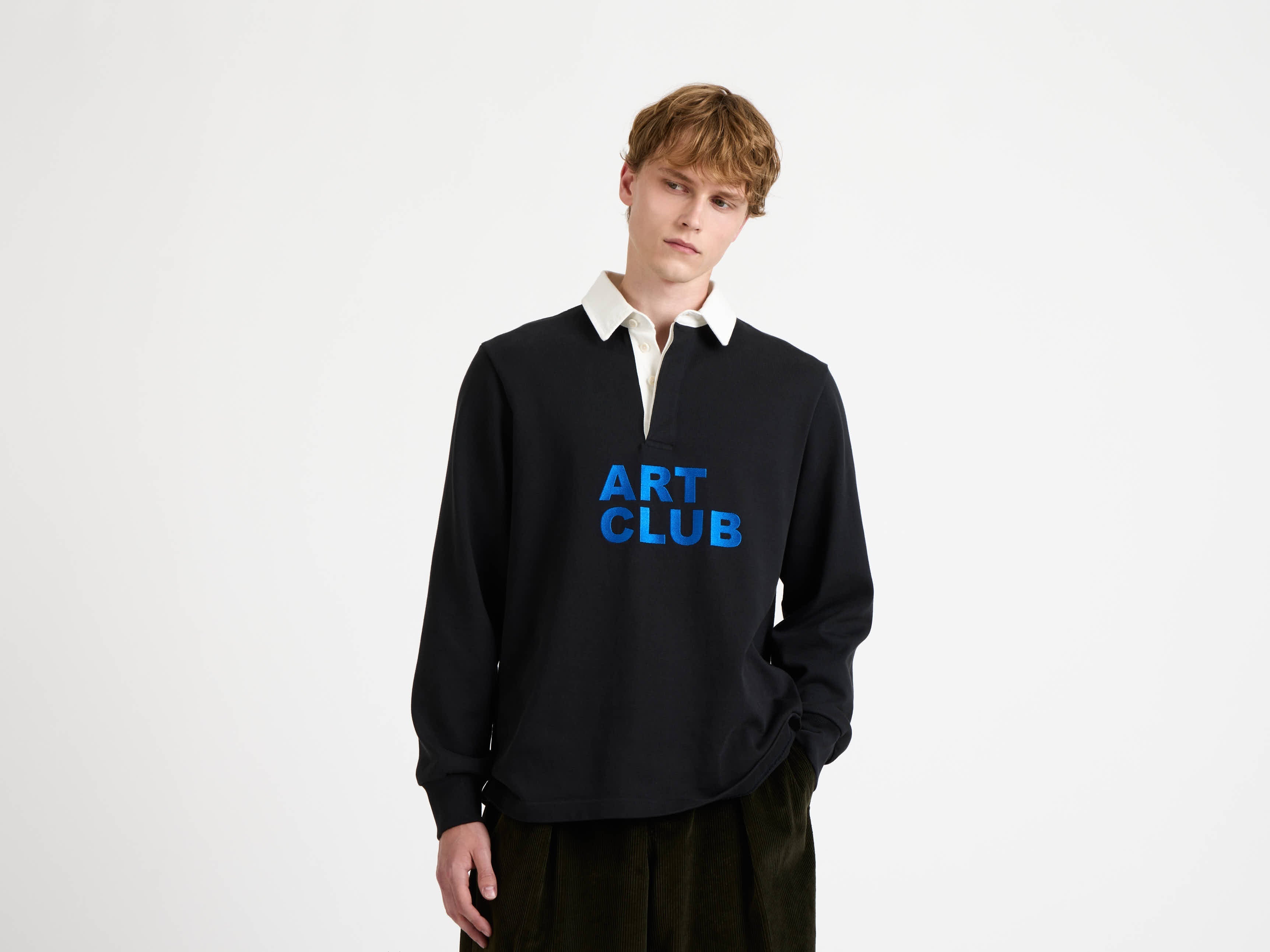 MENS 'ART CLUB' RUGBY POLO TOP IN WASHED BLACK in WASHED BLACK