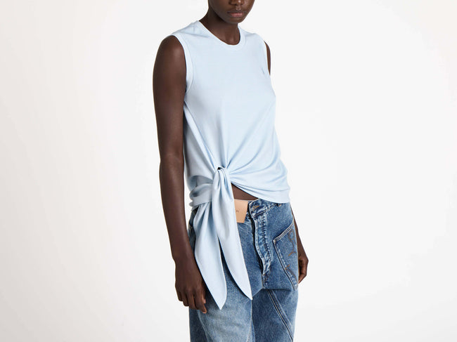 WOMENS HEM KNOT TANK TOP IN WHITE & BLUE