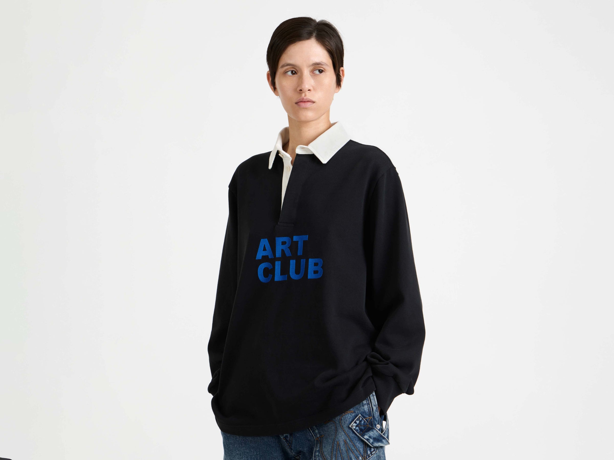 'ART CLUB' RUGBY POLO TOP IN WASHED BLACK
