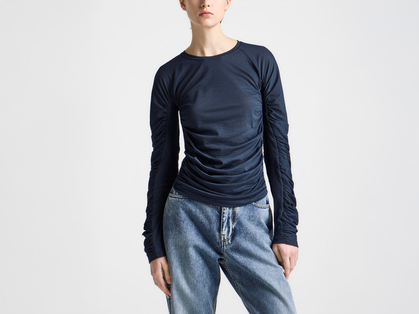WOMENS RUCHED JERSEY TOP IN NAVY