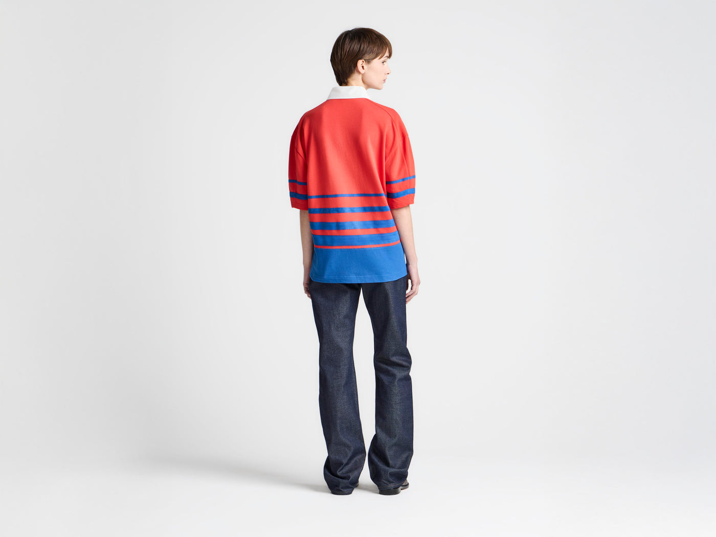 WOMENS STRIPED RUGBY POLO TOP IN IN RED & BLUE