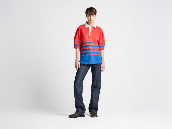 WOMENS STRIPED RUGBY POLO TOP IN IN RED & BLUE