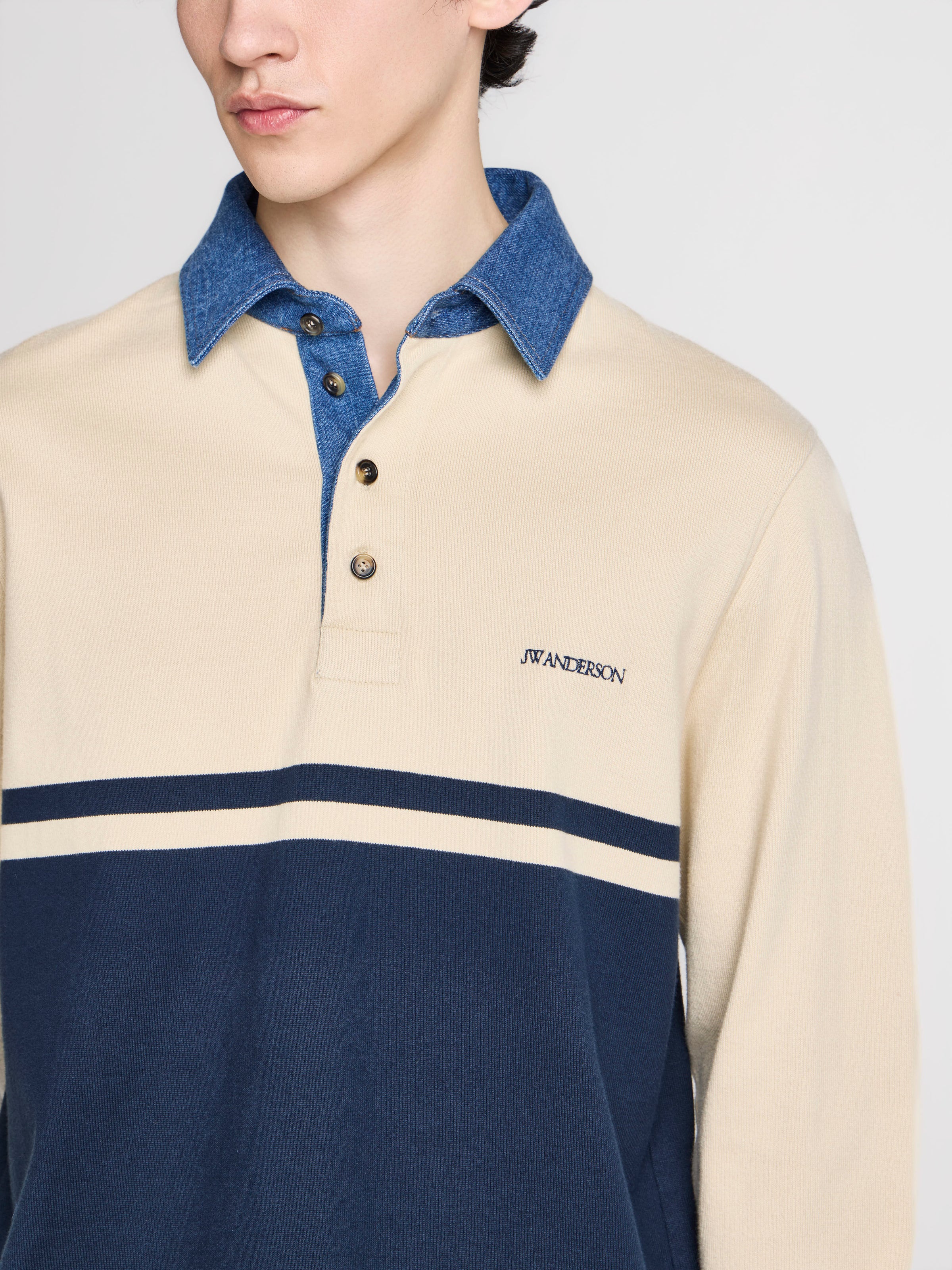 MENS CONTRAST COLLAR RUGBY POLO IN OFF WHITE & NAVY