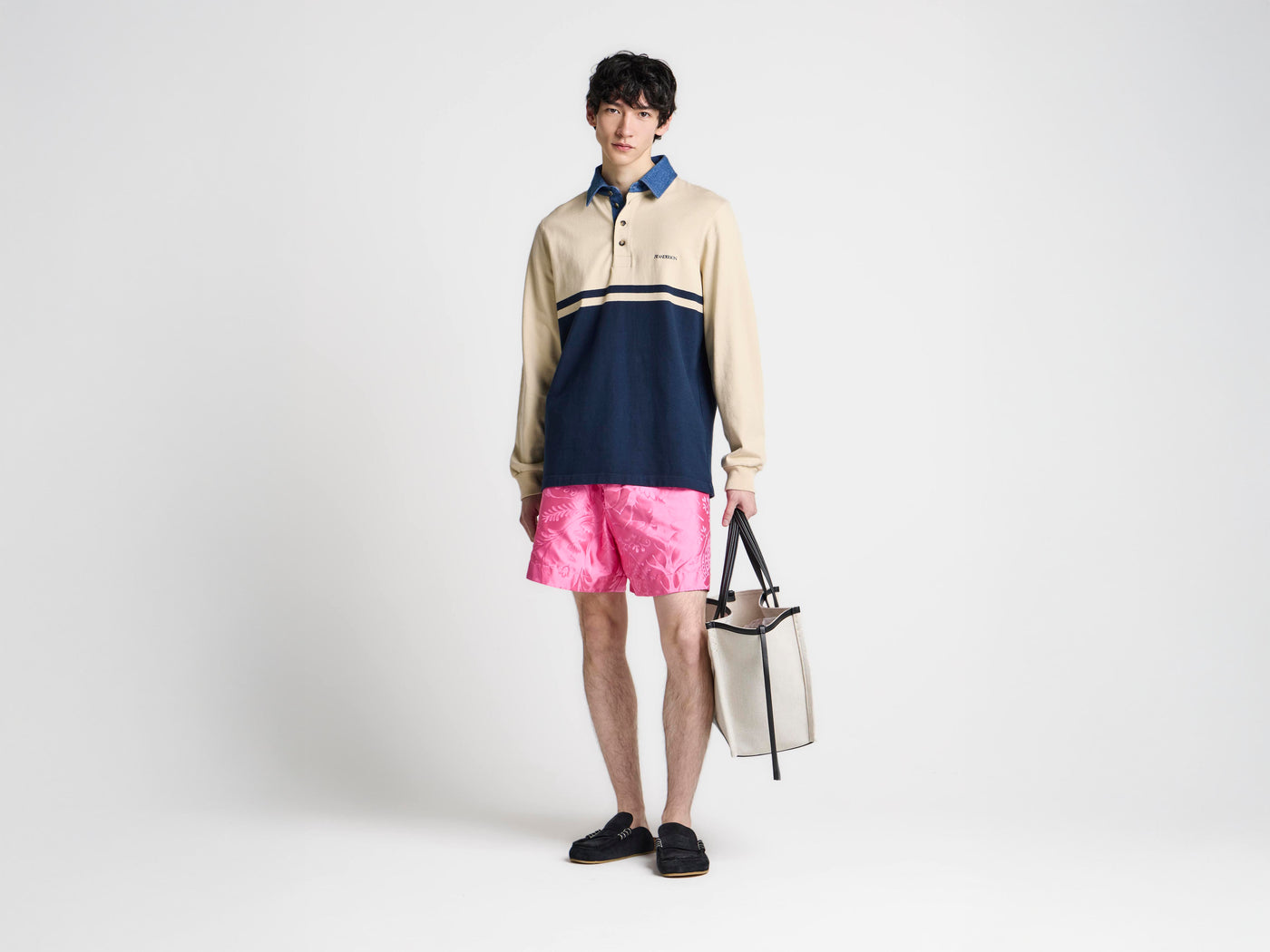 MENS CONTRAST COLLAR RUGBY POLO IN OFF WHITE & NAVY