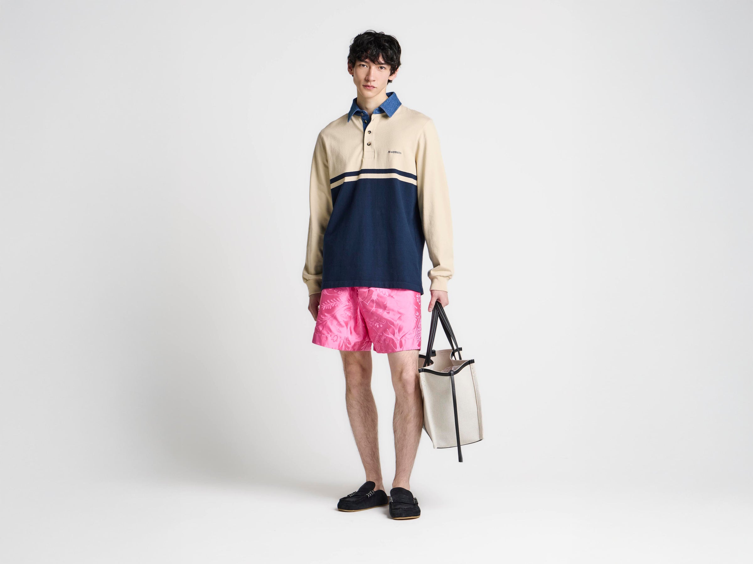MENS CONTRAST COLLAR RUGBY POLO IN OFF WHITE & NAVY