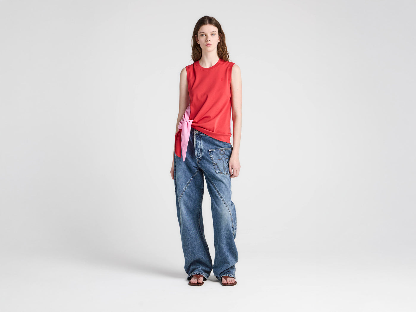 WOMENS HEM KNOT TANK TOP IN RED & BUBBLEGUM