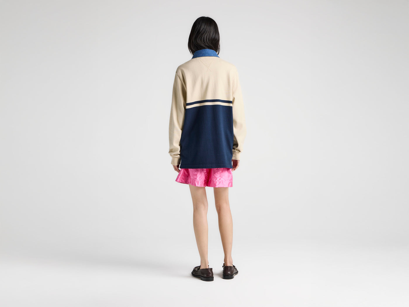 WOMENS CONTRAST COLLAR RUGBY POLO IN OFF WHITE & NAVY