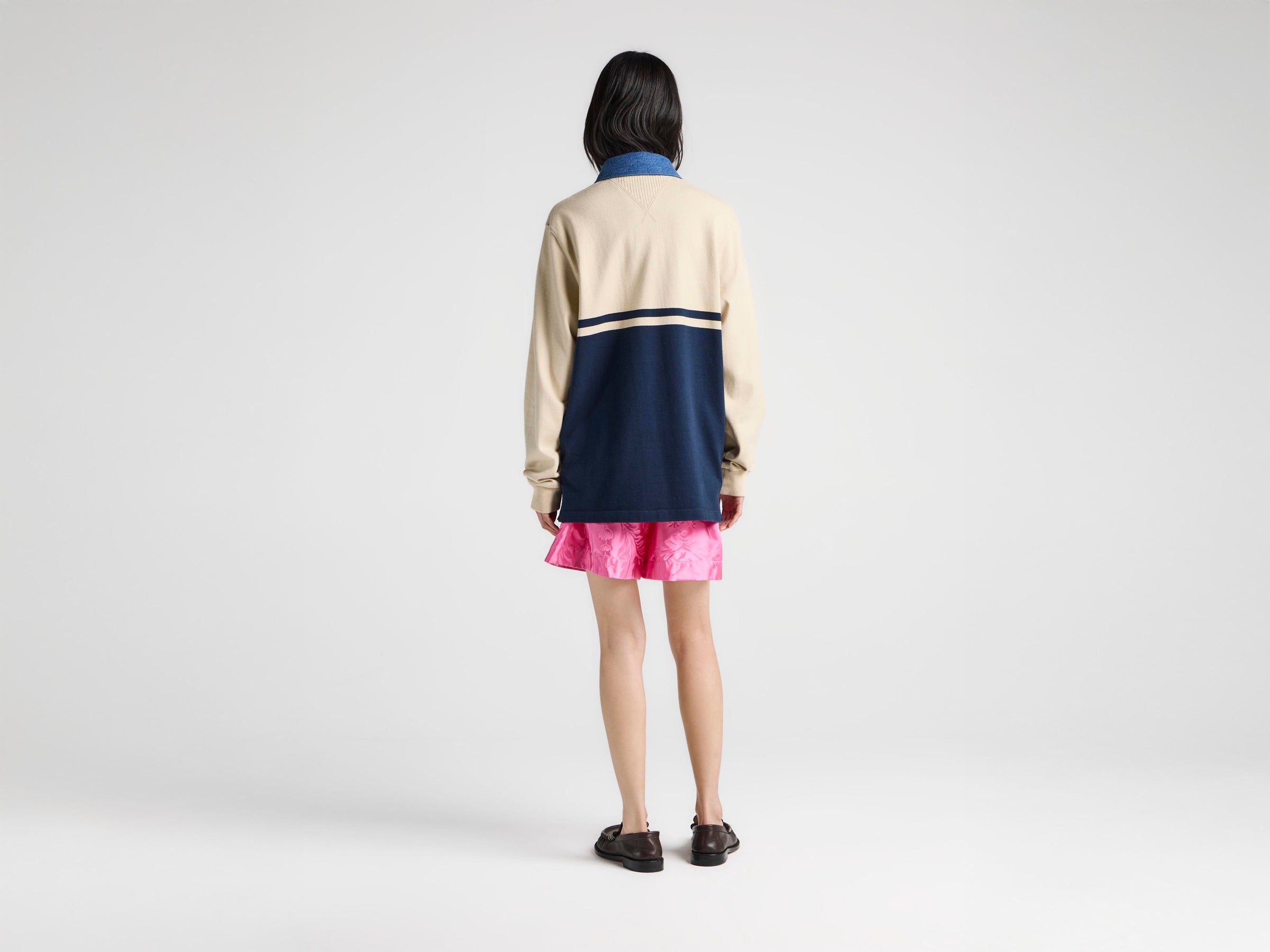 WOMENS CONTRAST COLLAR RUGBY POLO IN OFF WHITE & NAVY
