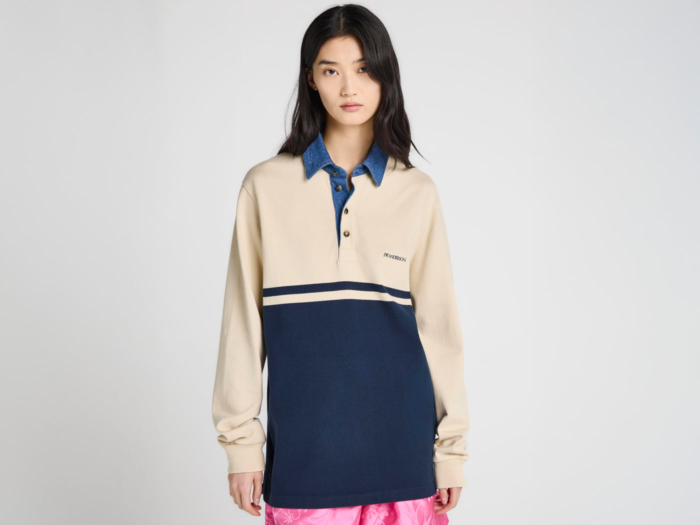 WOMENS CONTRAST COLLAR RUGBY POLO IN OFF WHITE & NAVY