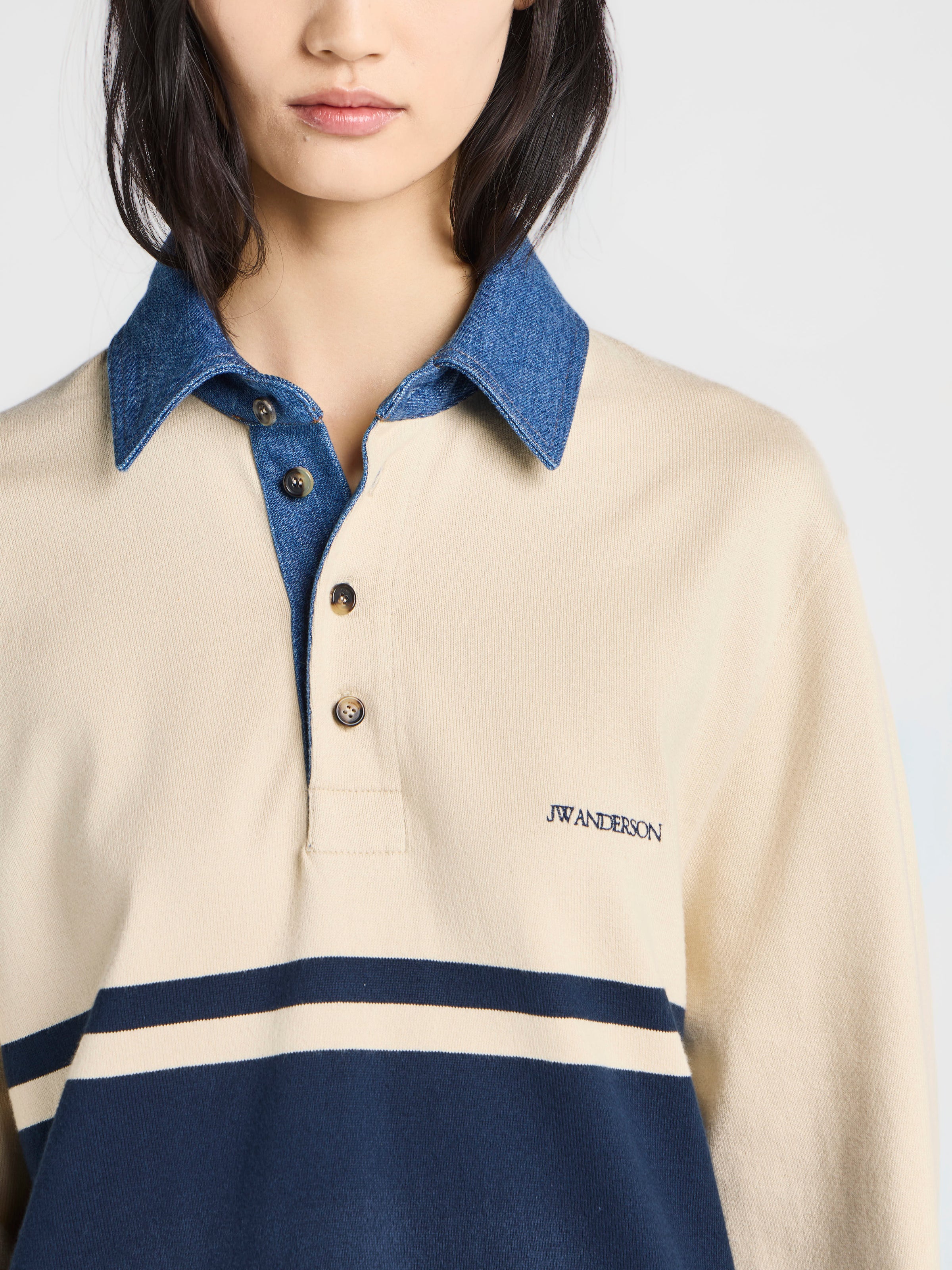 WOMENS CONTRAST COLLAR RUGBY POLO IN OFF WHITE & NAVY