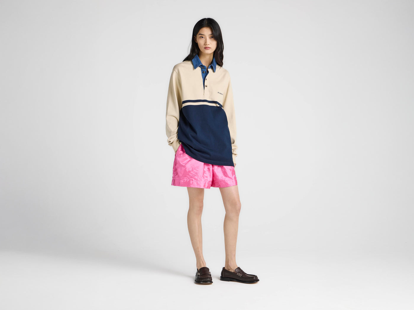 WOMENS CONTRAST COLLAR RUGBY POLO IN OFF WHITE & NAVY