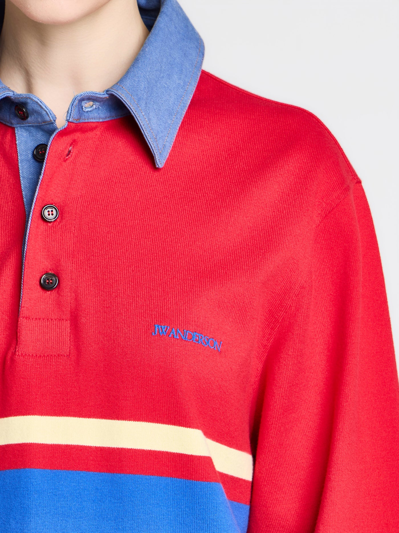WOMENS CONTRAST COLLAR RUGBY POLO IN RED & BLUE