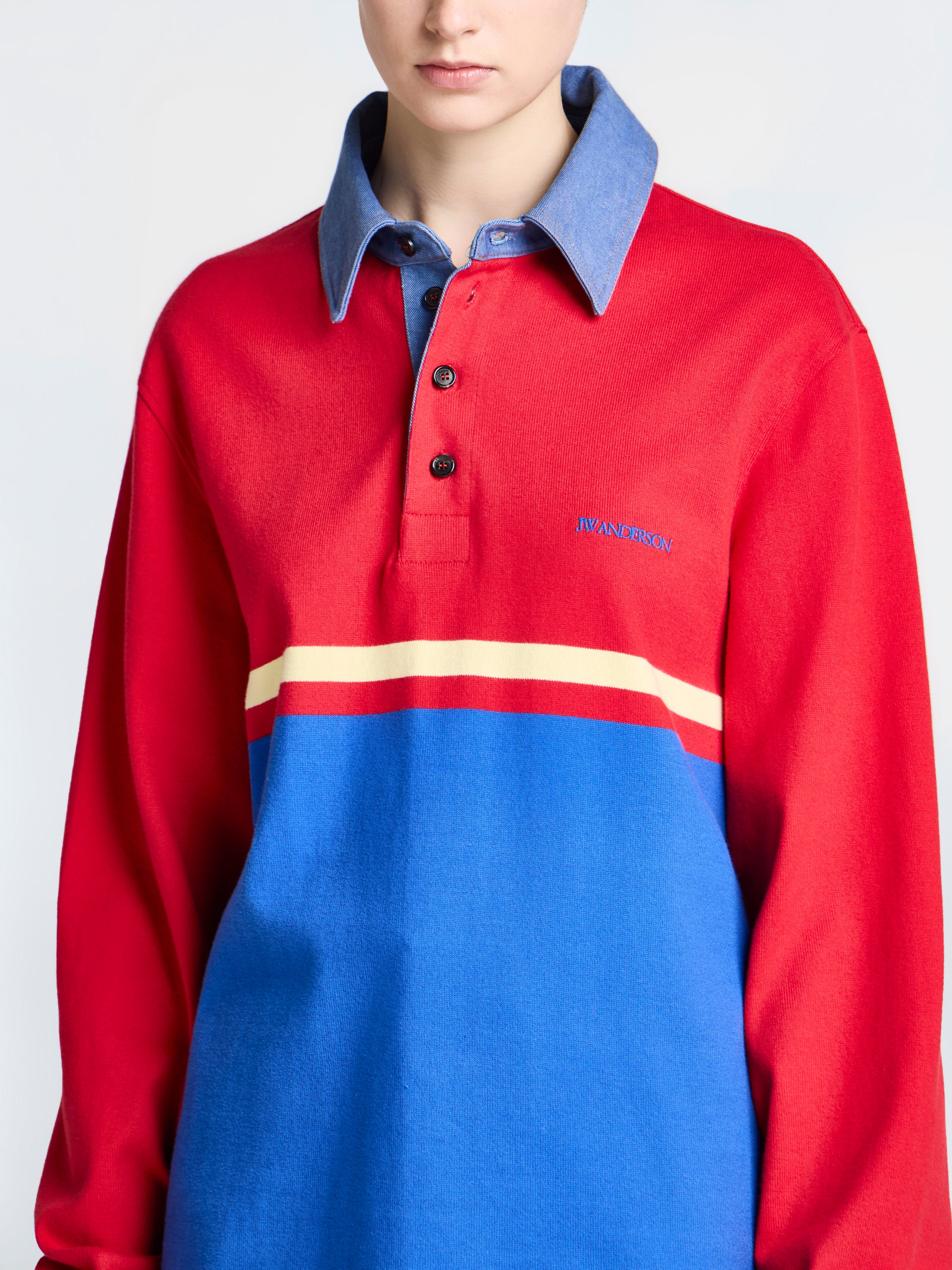 WOMENS CONTRAST COLLAR RUGBY POLO IN RED & BLUE