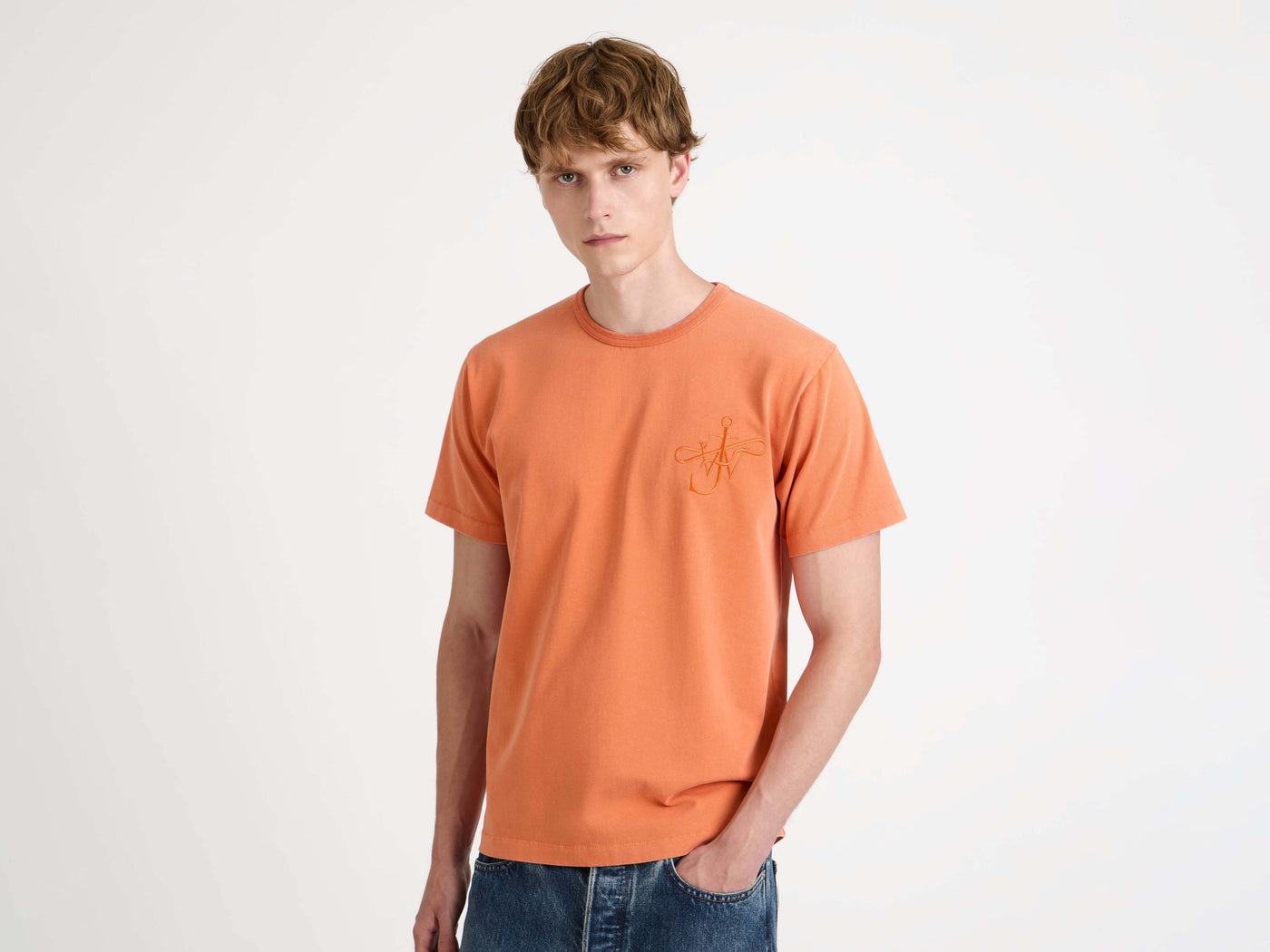ribbon anchor t shirt washed orange Model Front 1