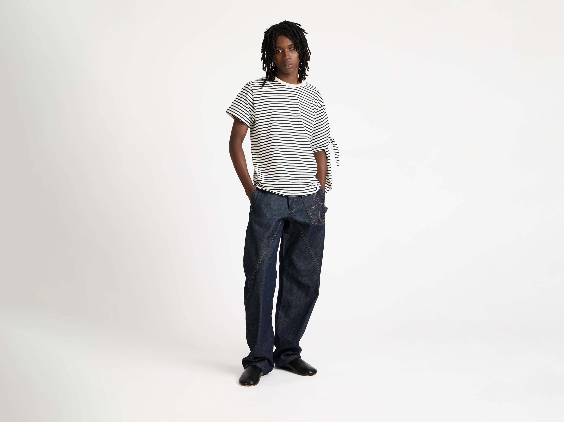sleeve knot t shirt ecru navy 1 Model Front 1