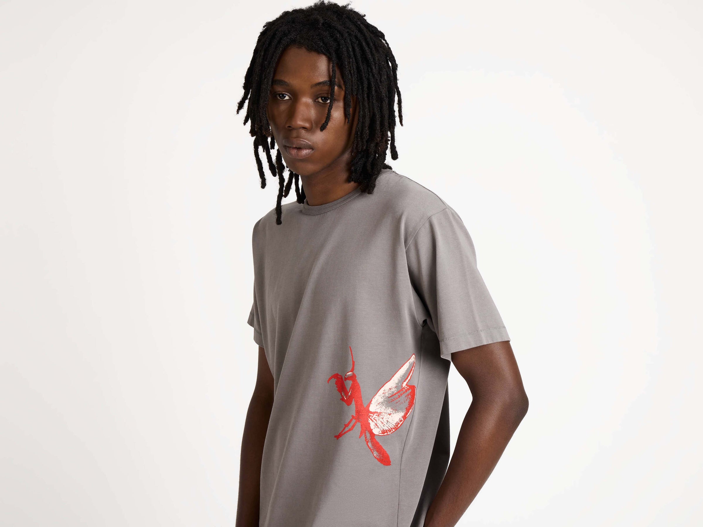 praying mantis t shirt grey Model Back 1