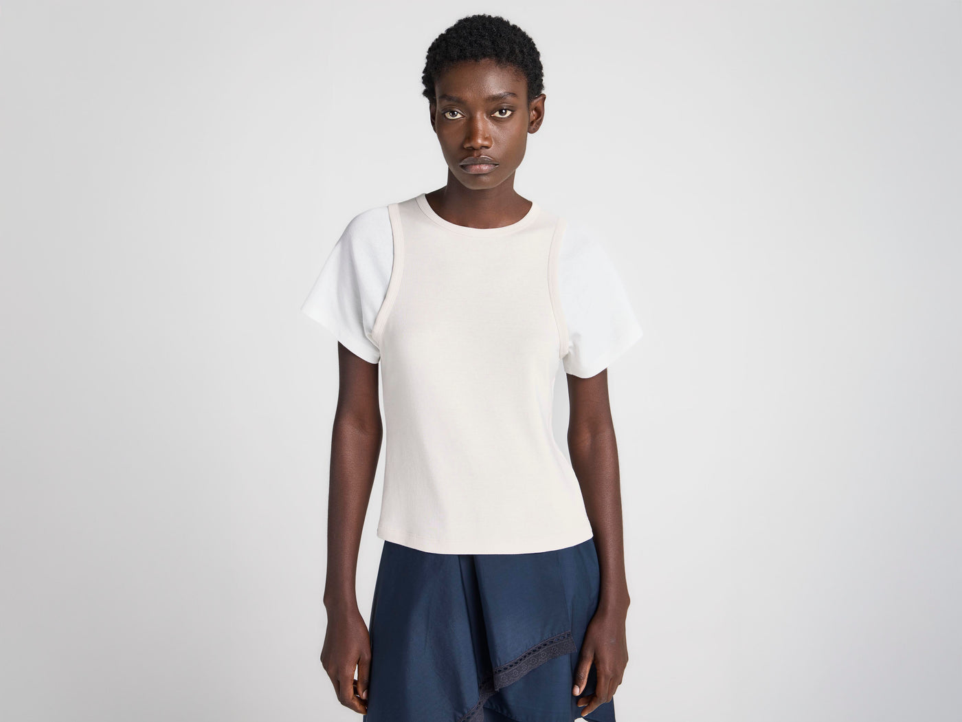 WOMENS DOUBLE-LAYERED T-SHIRT IN LIMESTONE & OFF WHITE