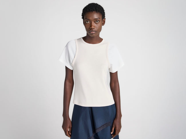 WOMENS DOUBLE-LAYERED T-SHIRT IN LIMESTONE & OFF WHITE