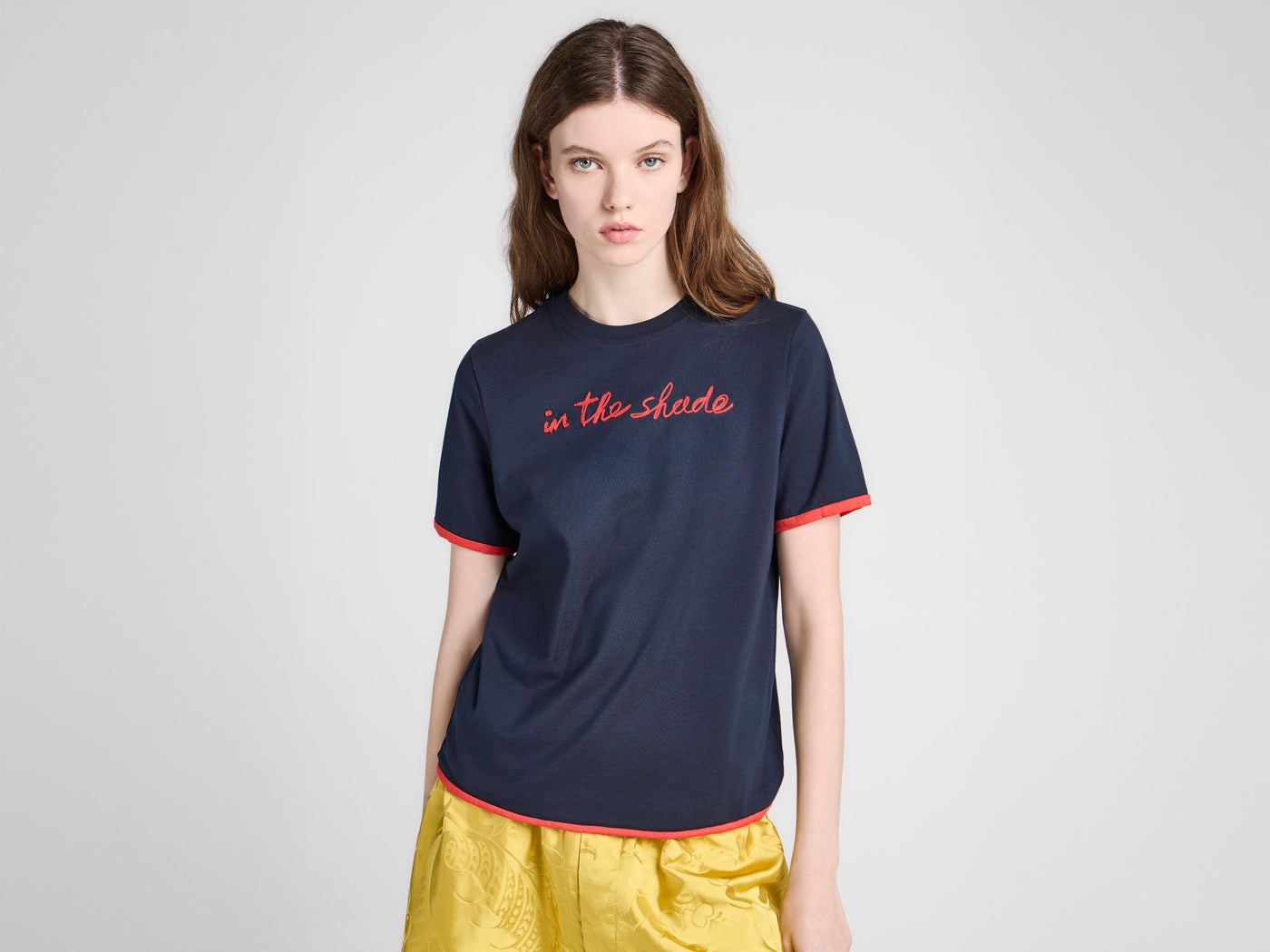WOMENS 'IN THE SHADE' T-SHIRT IN NAVY & RED
